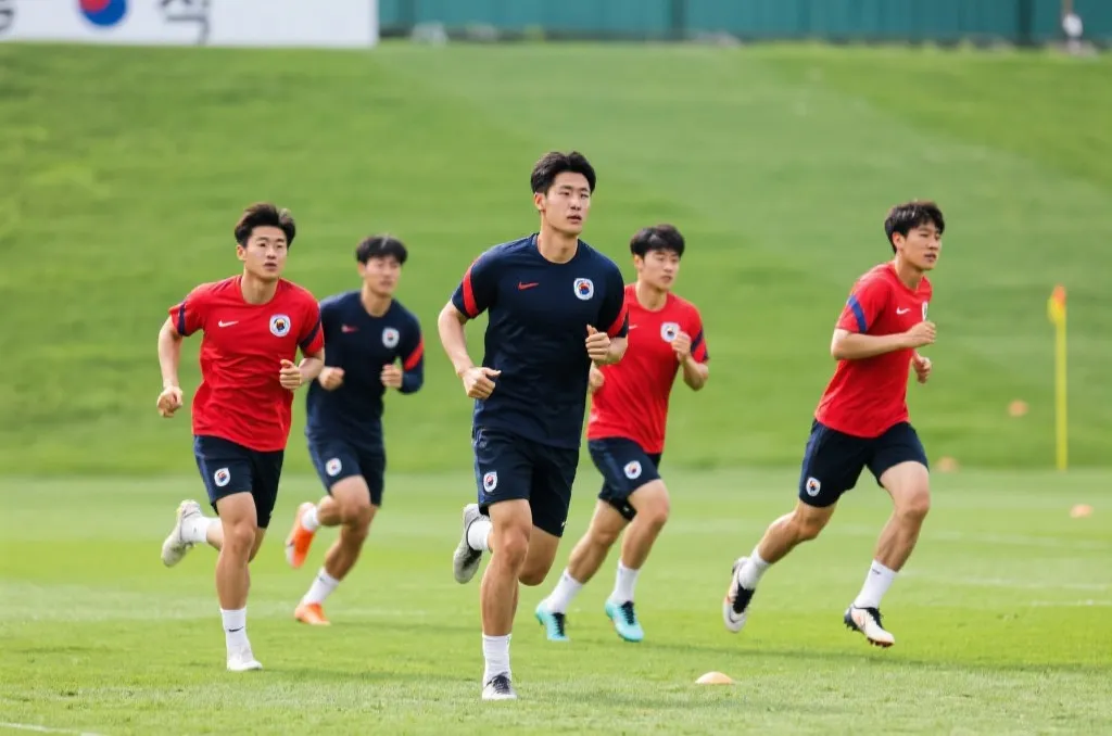 韩国国家男子足球队在绿茵场上奔跑训练