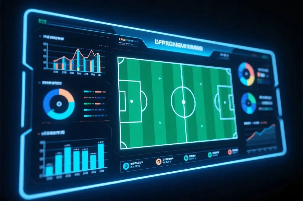An abstract glowing digital screen showing sports data visualization and graphs